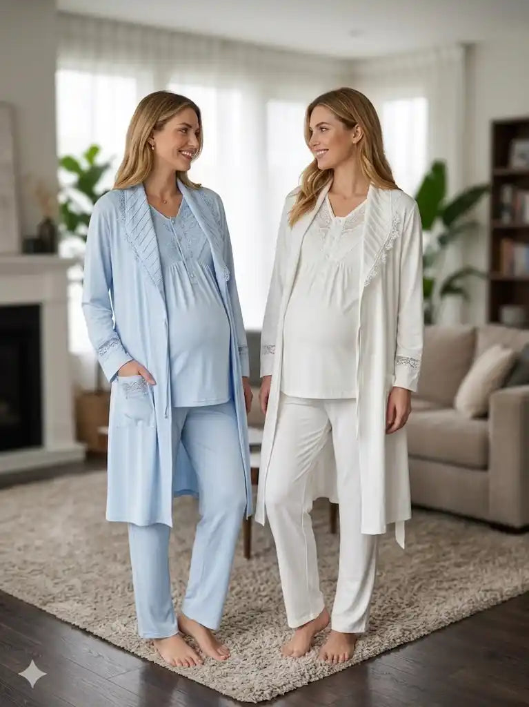 Ekru-Mavi Uzun Kollu Emzirme Özellikli Şık Dantel Detaylı Sabahlıklı Lohusa Pijama Takımı-6305