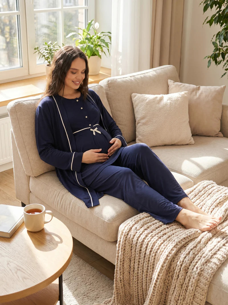 Biyeli Önden Düğmeli Lohusa Sabahlıklı Pijama Takım- 509