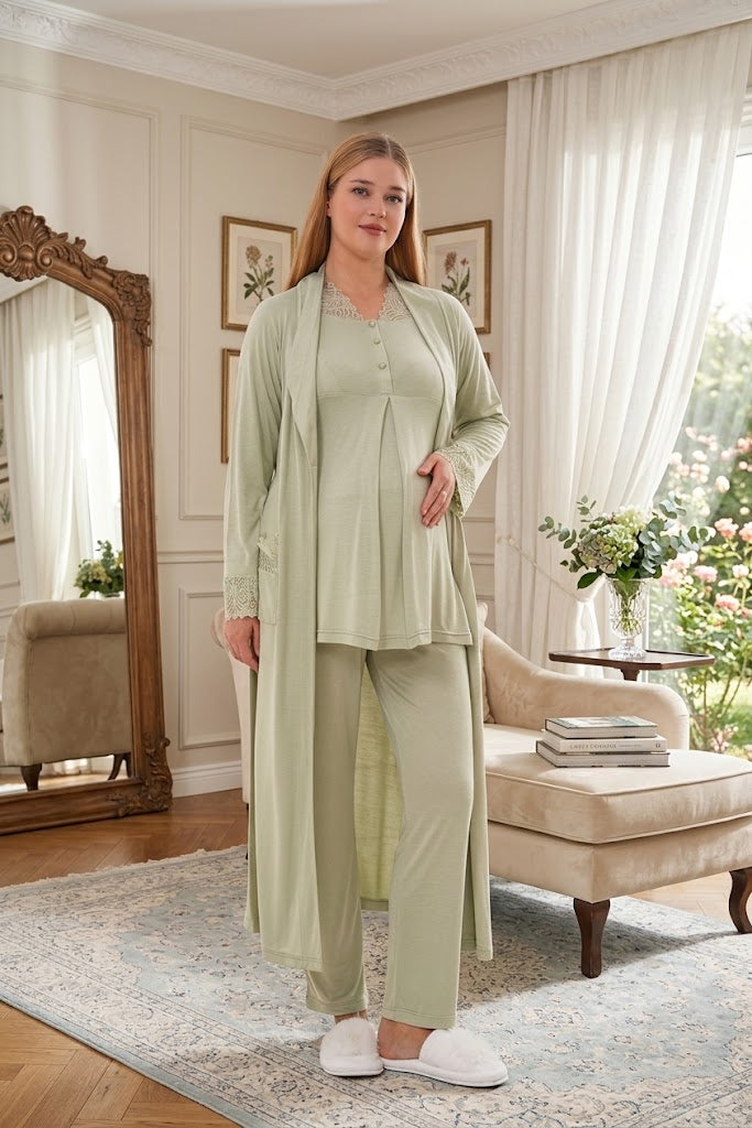 Yeşil Uzun Kollu Dantel Yaka Kol Detaylı Emzirme Özellikli Sabahlıklı Lohusa Pijama Takımı-6330