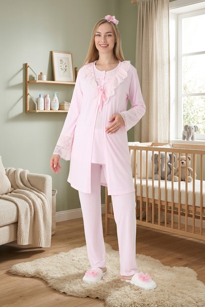 Pembe Uzun Kollu Dantel Detaylı Emzirme Özellikli Sabahlıklı Lohusa Pijama Takımı-3446