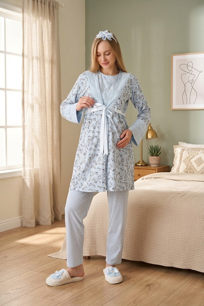 Mavi Kısa Kollu Dantel Detaylı Emzirme Kolaylıklı Sabahlıklı Lohusa Pijama Takımı-3470