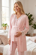 Kalp Desenli Dantel Yaka Detaylı Sabahlıklı Lohusa Pijama Takımı-2059
