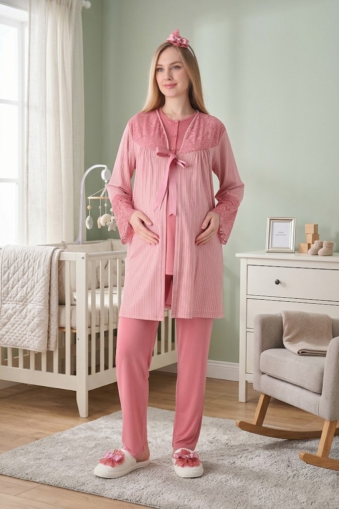 Nar Çiçeği Kısa Kollu Güpür Detaylı Emzirme Kolaylıklı Sabahlıklı Lohusa Pijama Takımı-3472