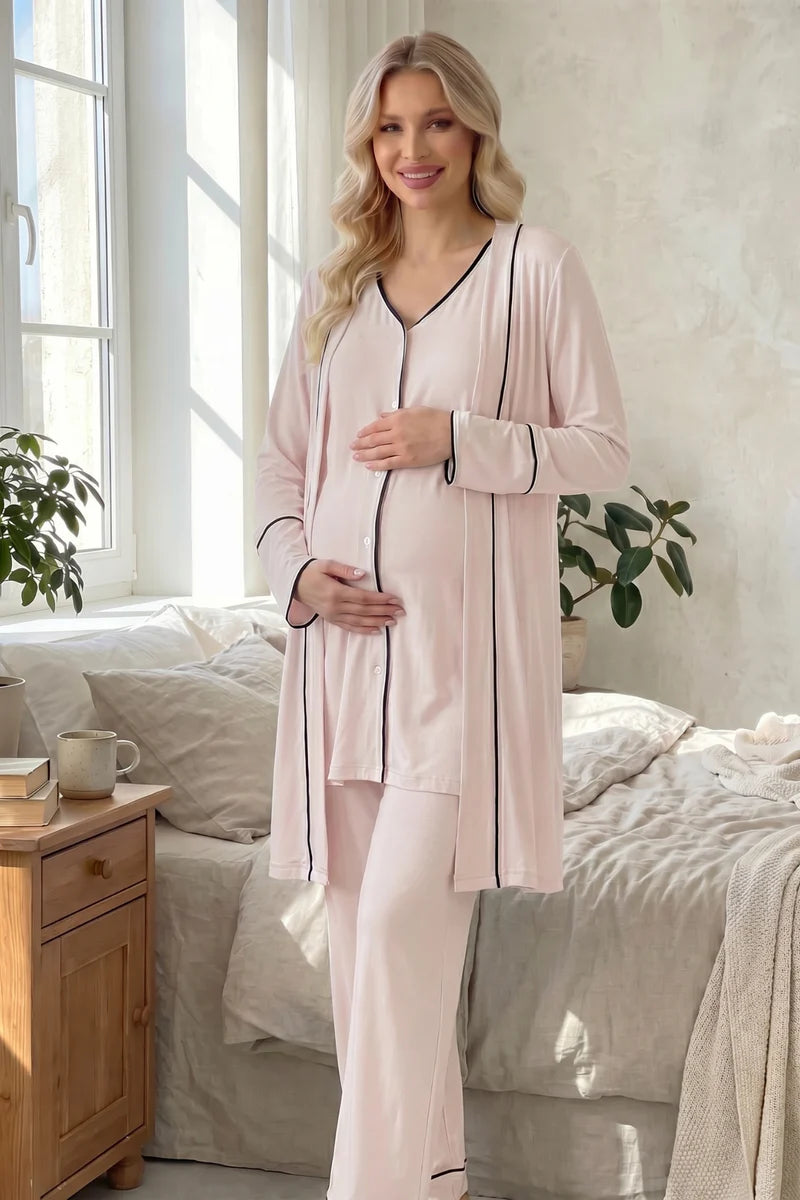 Kısa Kollu Önden Düğmeli Lohusa Sabahlıklı Pijama Takım- 2038