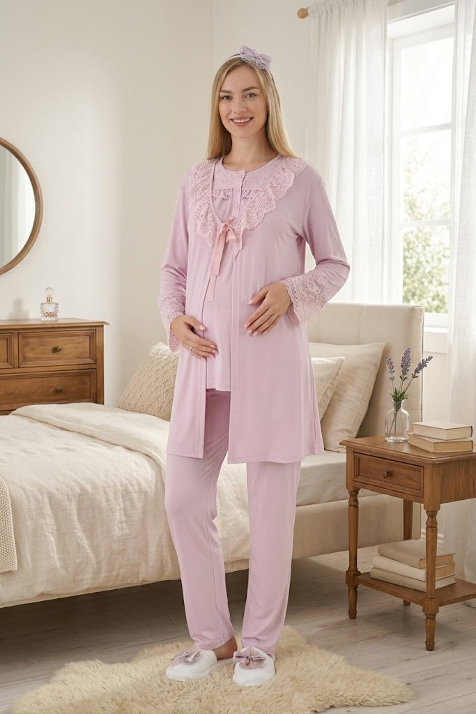 Pudra Uzun Kollu Dantel Detaylı Emzirme Özellikli Sabahlıklı Lohusa Pijama Takımı-3446