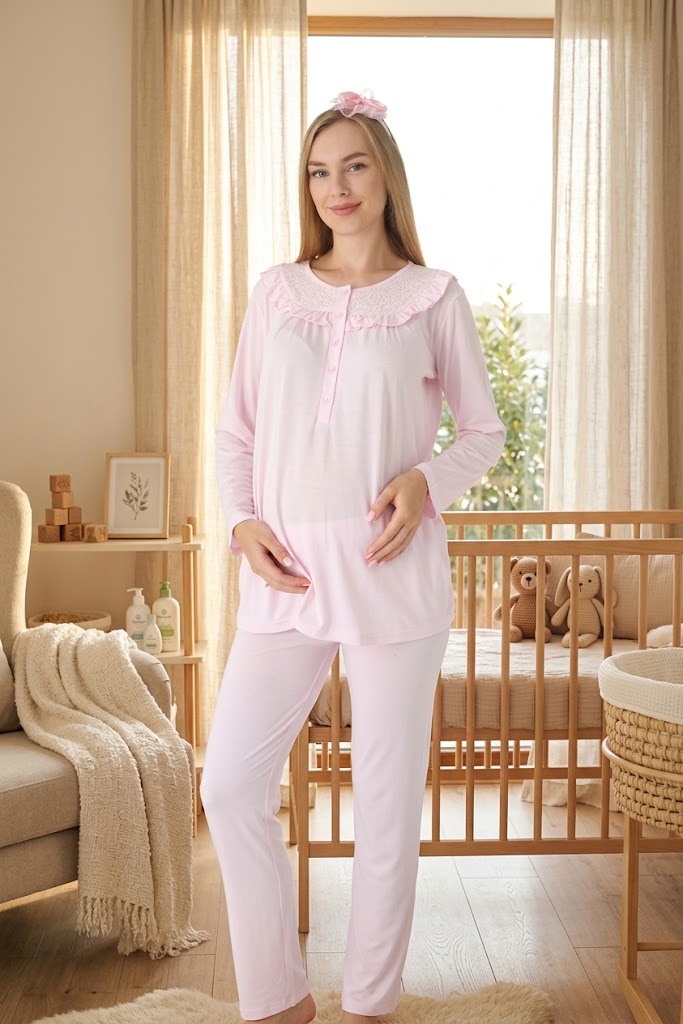 Pembe Uzun Kollu Dantel Detaylı Emzirme Özellikli Sabahlıklı Lohusa Pijama Takımı-3446