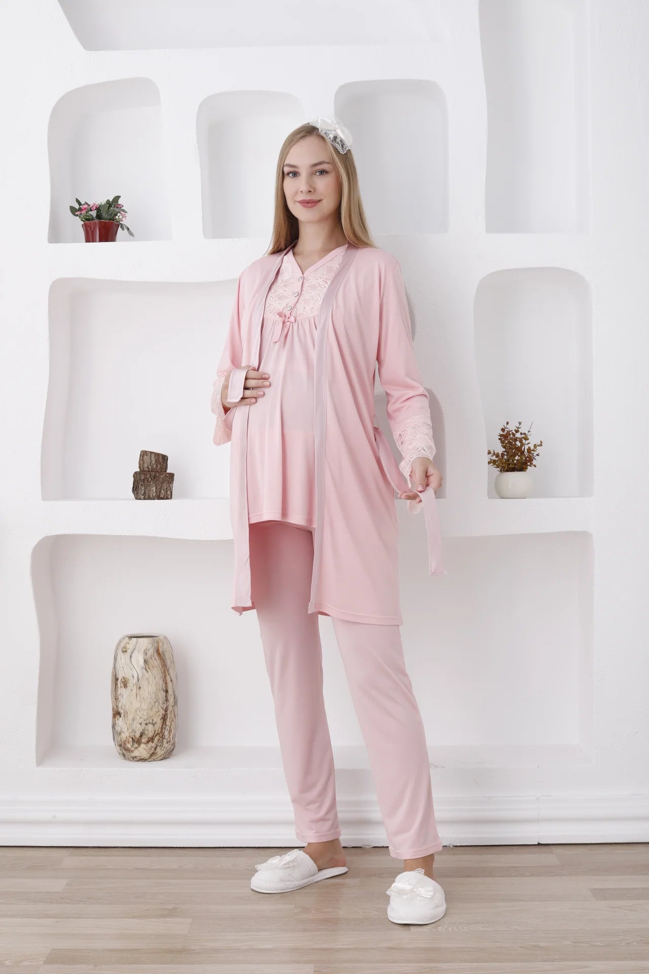 Pembe Uzun Kollu Emzirme Özellikli Dantel Kol Detaylı Sabahlıklı Lohusa Pijama Takımı-3424