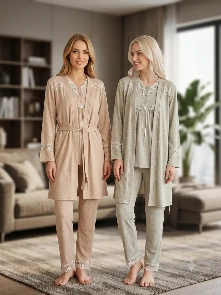 Pudra-Yeşil Uzun Kollu Emzirme Özellikli Dantel Geçişli Sabahlıklı Lohusa Pijama Takımı-6111