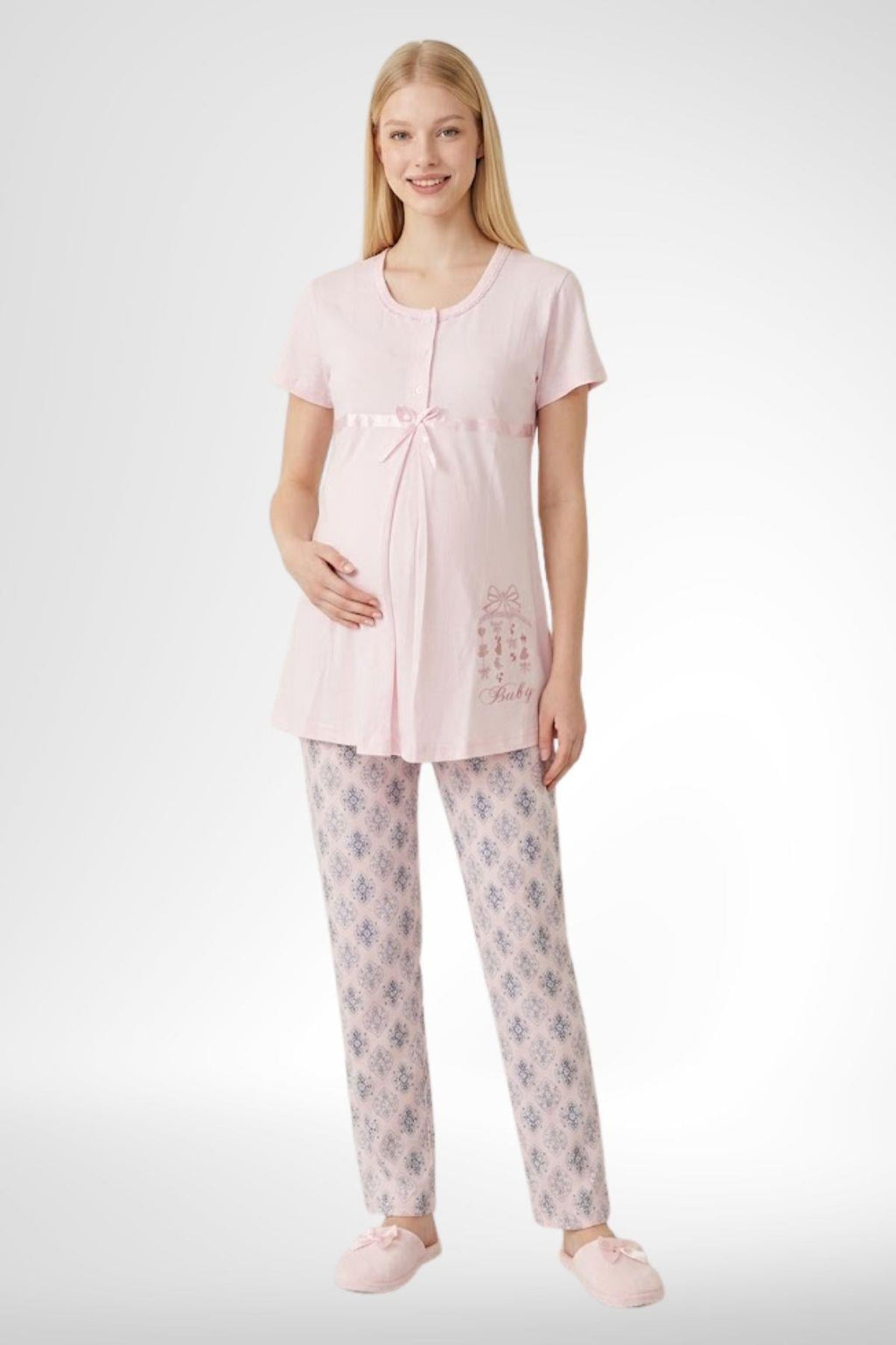 Kısa Kollu Emzirme Kolaylıklı Lohusa Pijama Takımı-6350
