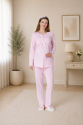 Pembe Uzun Kollu Emzirme Kolaylıklı Şık Dantel Detaylı Lohusa Pijama Takımı-5414