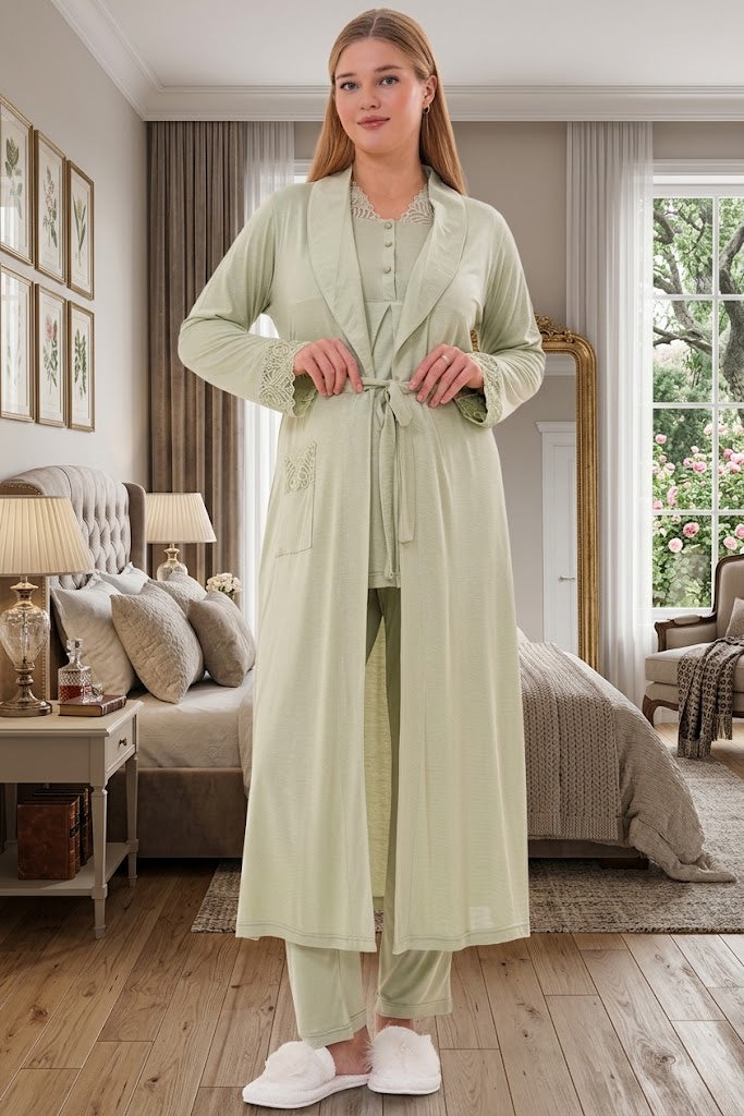 Yeşil Uzun Kollu Dantel Yaka Kol Detaylı Emzirme Özellikli Sabahlıklı Lohusa Pijama Takımı-6330