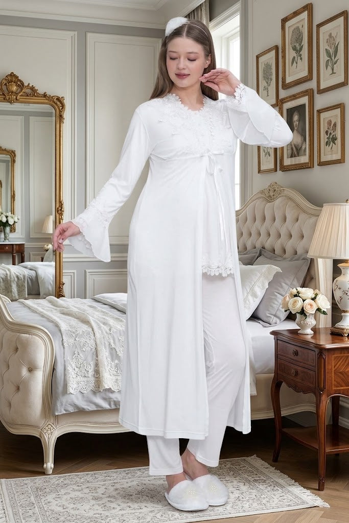 Ekru Uzun Kollu Güpür Detaylı Emzirme Özellikli Sabahlıklı Lohusa Pijama Takımı-1517