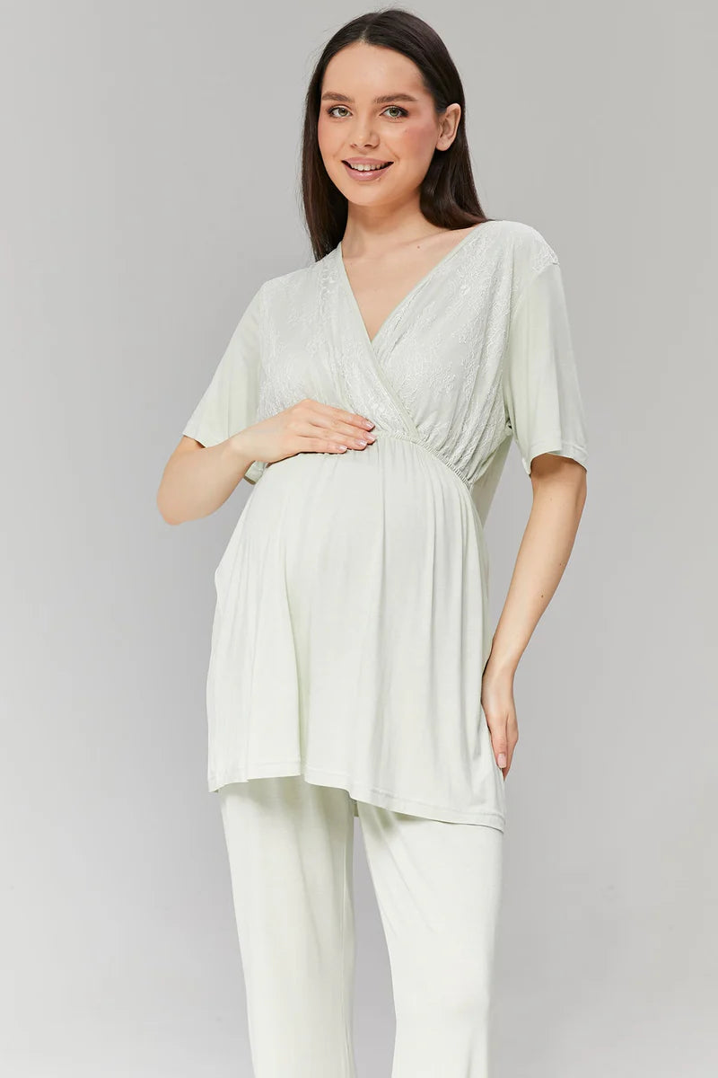 Truvakar Kollu Dantelli Kruvaze Sabahlıklı Lohusa Pijama Takımı-502