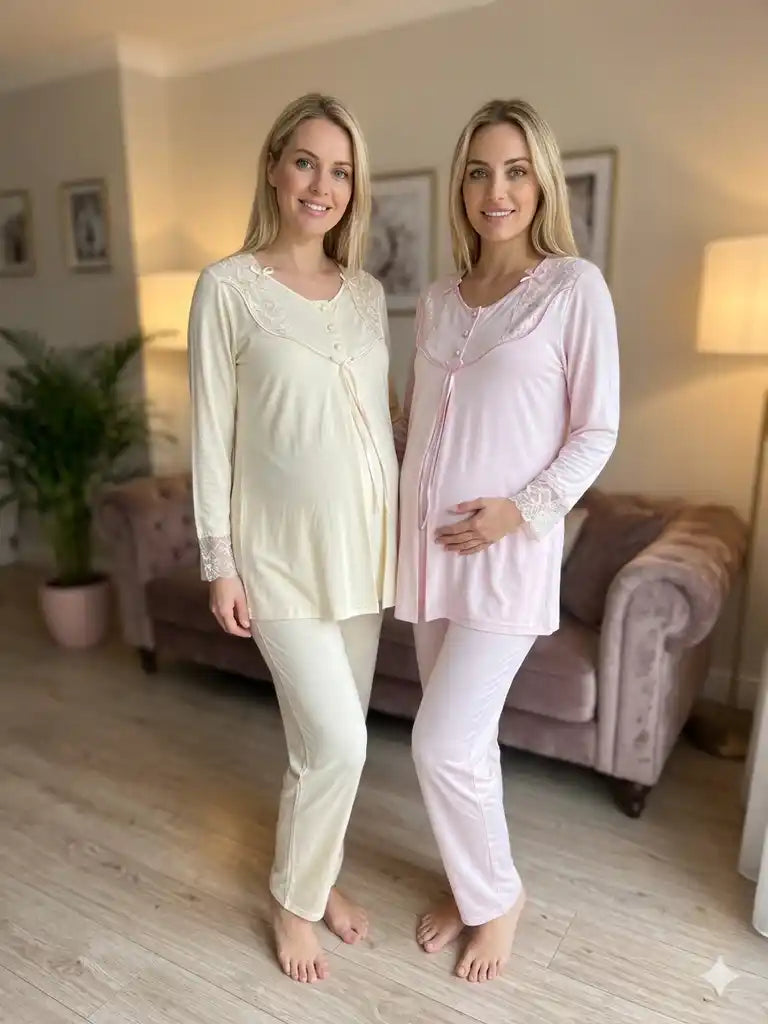 Bej-Pembe Uzun Kollu Emzirme Özellikli Dantel Kol Sabahlıklı Lohusa Pijama Takımı-6302