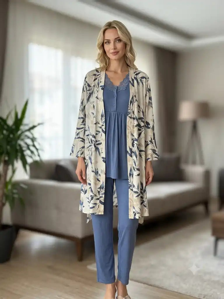 Mavi Uzun Kollu Emzirme Özellikli Dantel Yaka Detaylı Saten Sabahlıklı Lohusa Pijama Takımı-6327