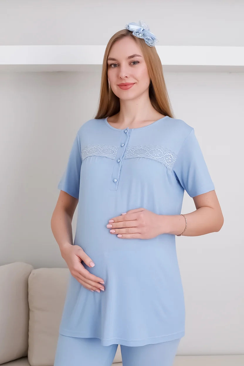 Mavi Kısa Kollu Emzirme Özellikli Sabahlıklı Lohusa Pijama Takımı-3439