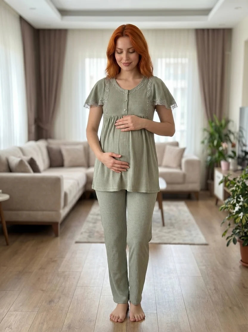 Yeşil Kısa Kollu Şık Dantel Detaylı Emzirme Özellikli Lohusa Pijama Takımı-6230