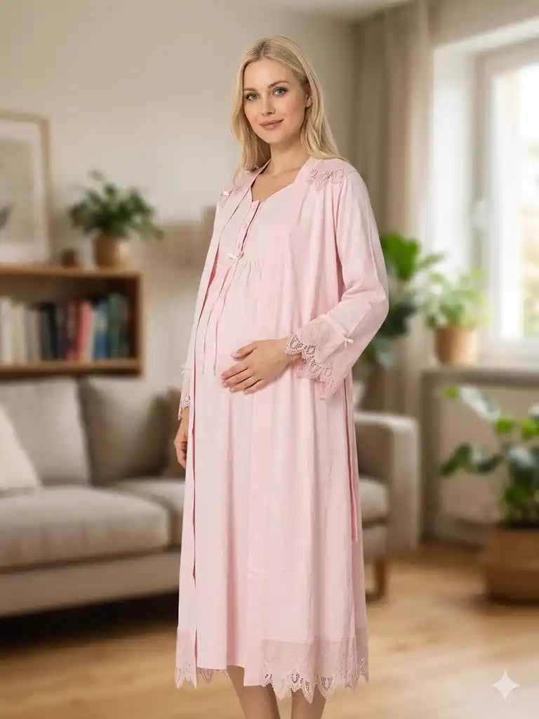 Pudra Uzun Kollu Dantel Detaylı Emzirme Özellikli Müslin Sabahlıklı Lohusa Pijama Takımı-6108