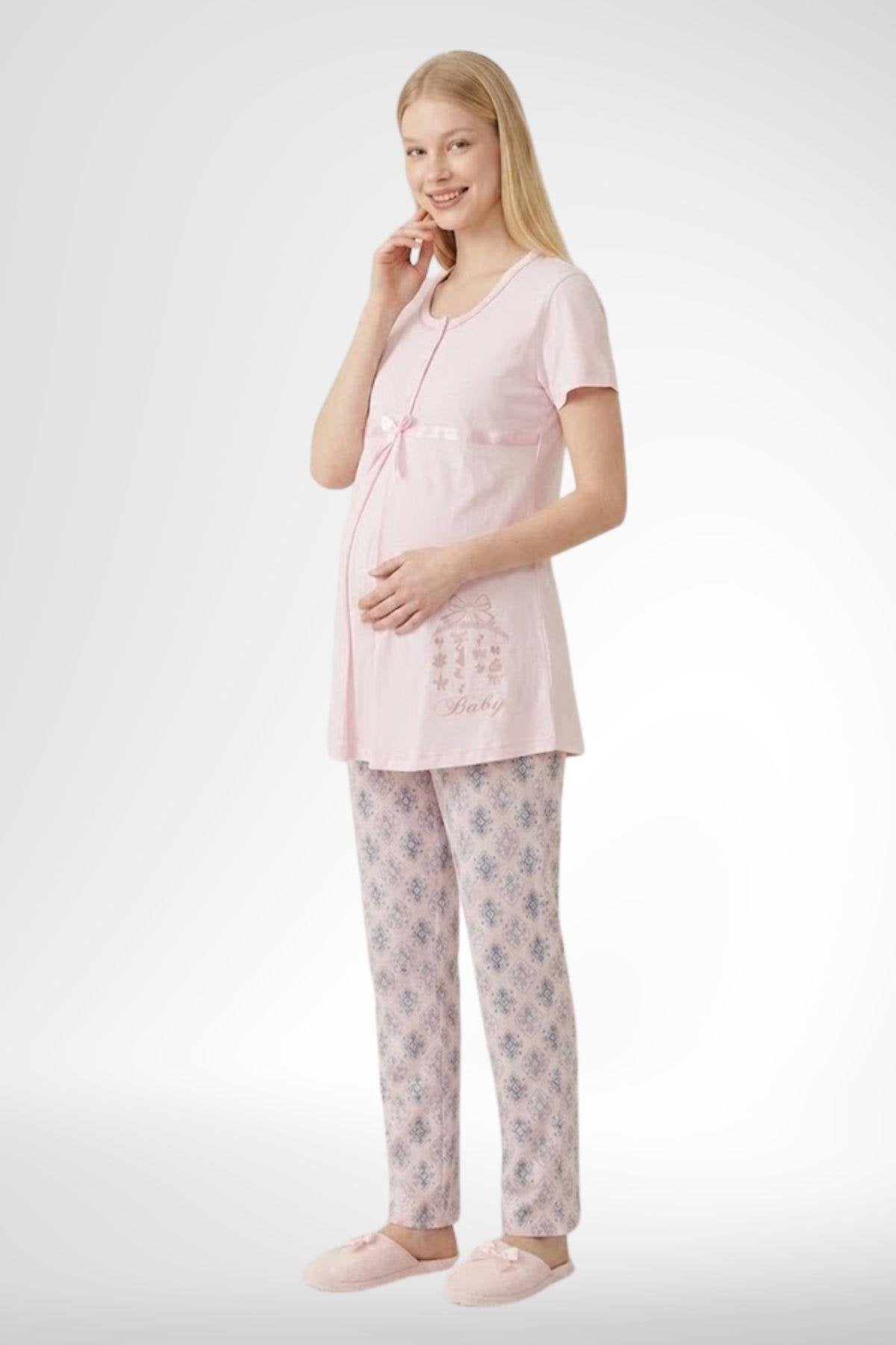 Kısa Kollu Emzirme Kolaylıklı Lohusa Pijama Takımı-6350