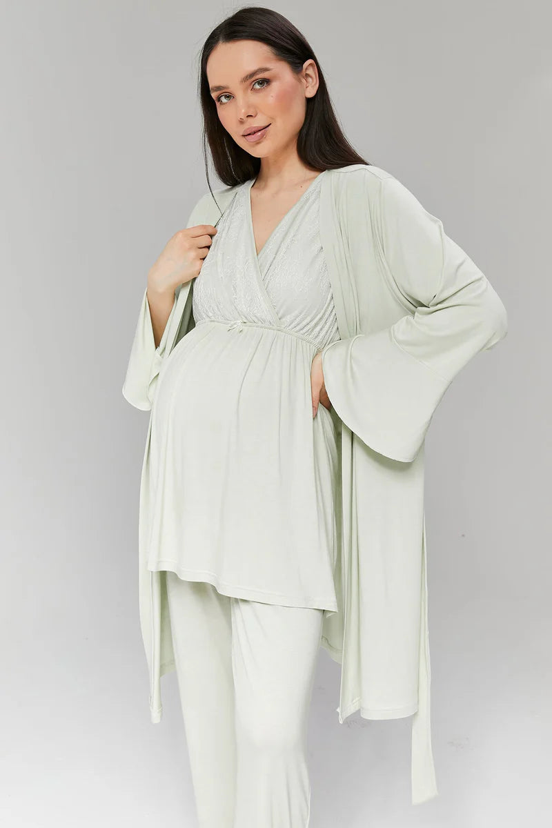 Truvakar Kollu Dantelli Kruvaze Sabahlıklı Lohusa Pijama Takımı-502
