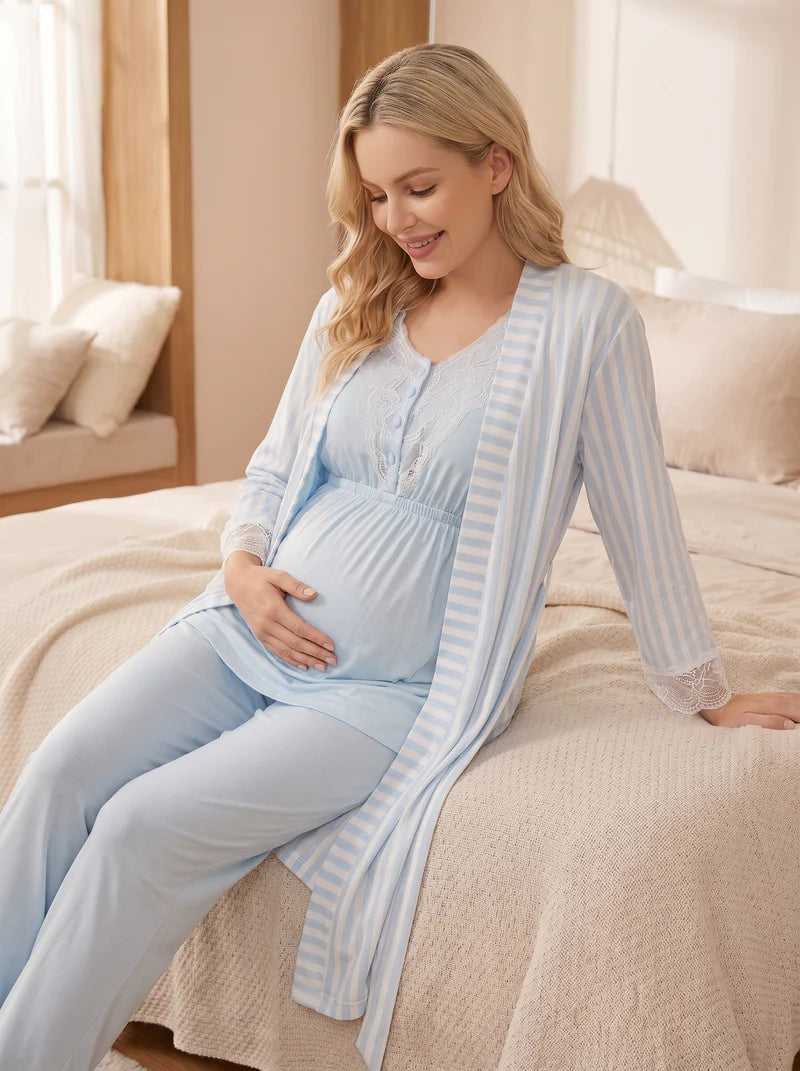 Kısa Kollu Dantel Detaylı Çizgili Sabahlıklı Lohusa Pijama Takımı-2054