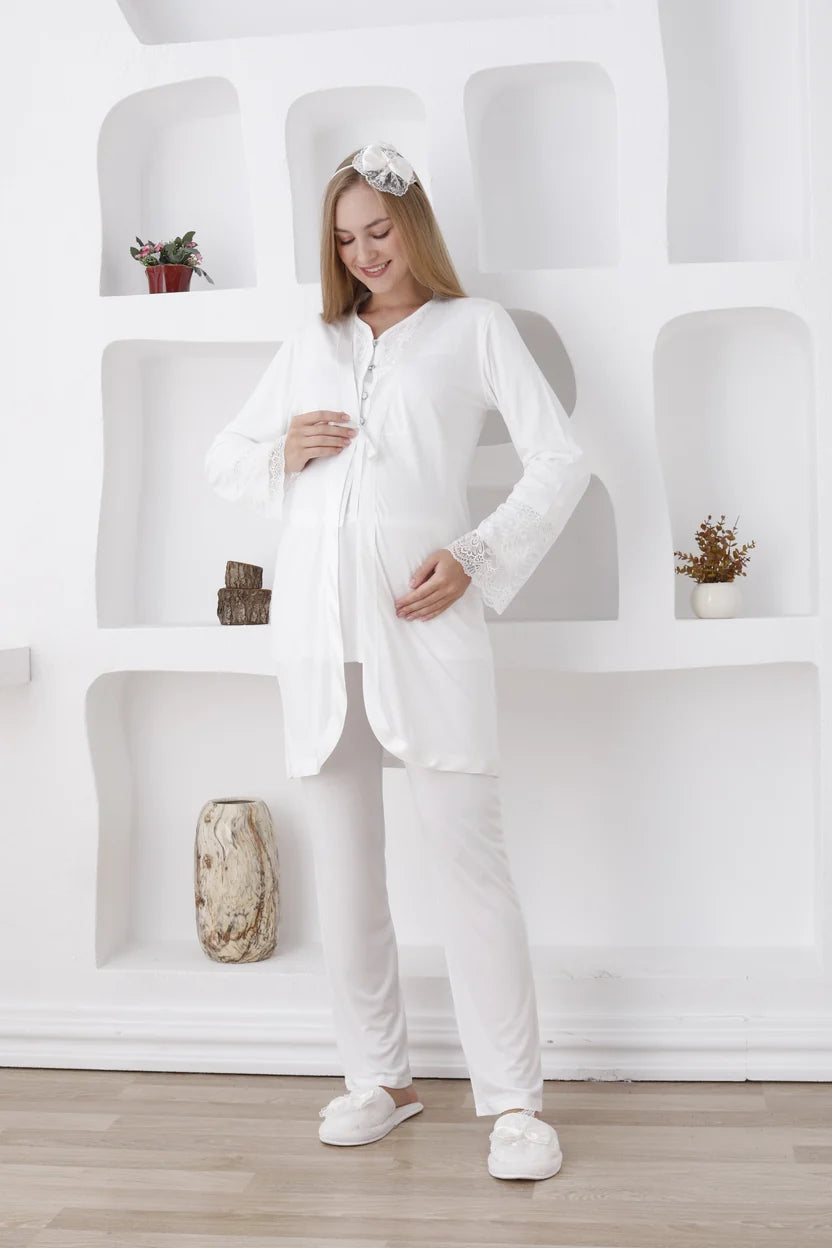 Ekru Emzirme Özellikli Dantel Kol Detaylı Sabahlıklı Lohusa Pijama Takımı-3426
