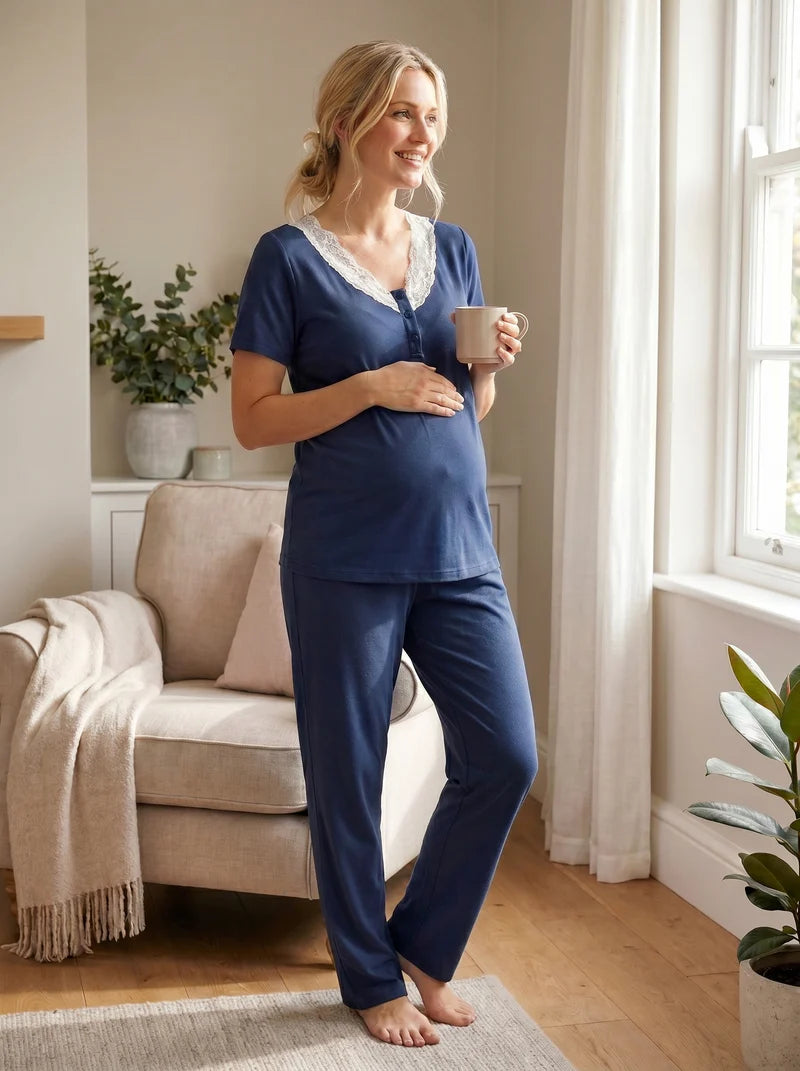Kalp Desenli Dantel Yaka Detaylı Sabahlıklı Lohusa Pijama Takımı-2061