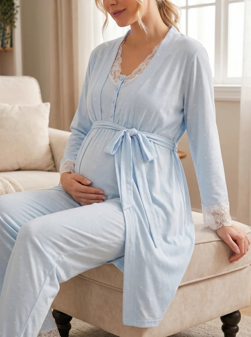 Kalp Desenli Dantel Yaka Detaylı Sabahlıklı Lohusa Pijama Takımı-2060