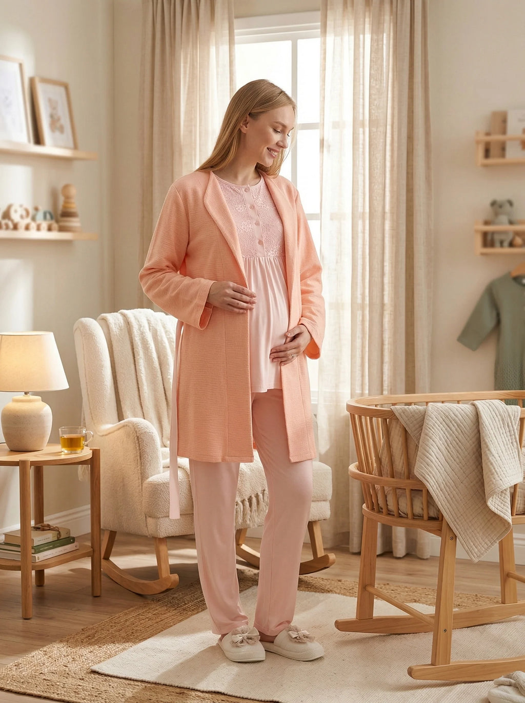 Somon Dokulu Emzirme Özellikli Sabahlıklı Lohusa Pijama Takımı-3463