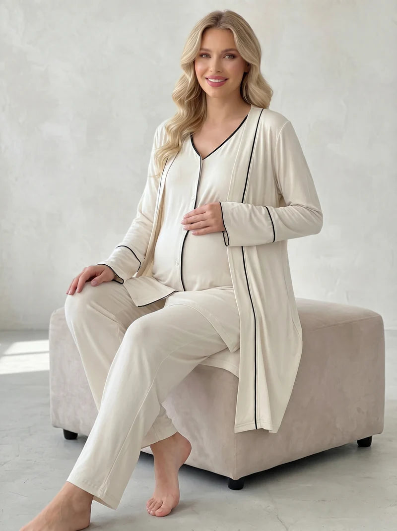 Kısa Kollu Önden Düğmeli Lohusa Sabahlıklı Pijama Takım- 2035