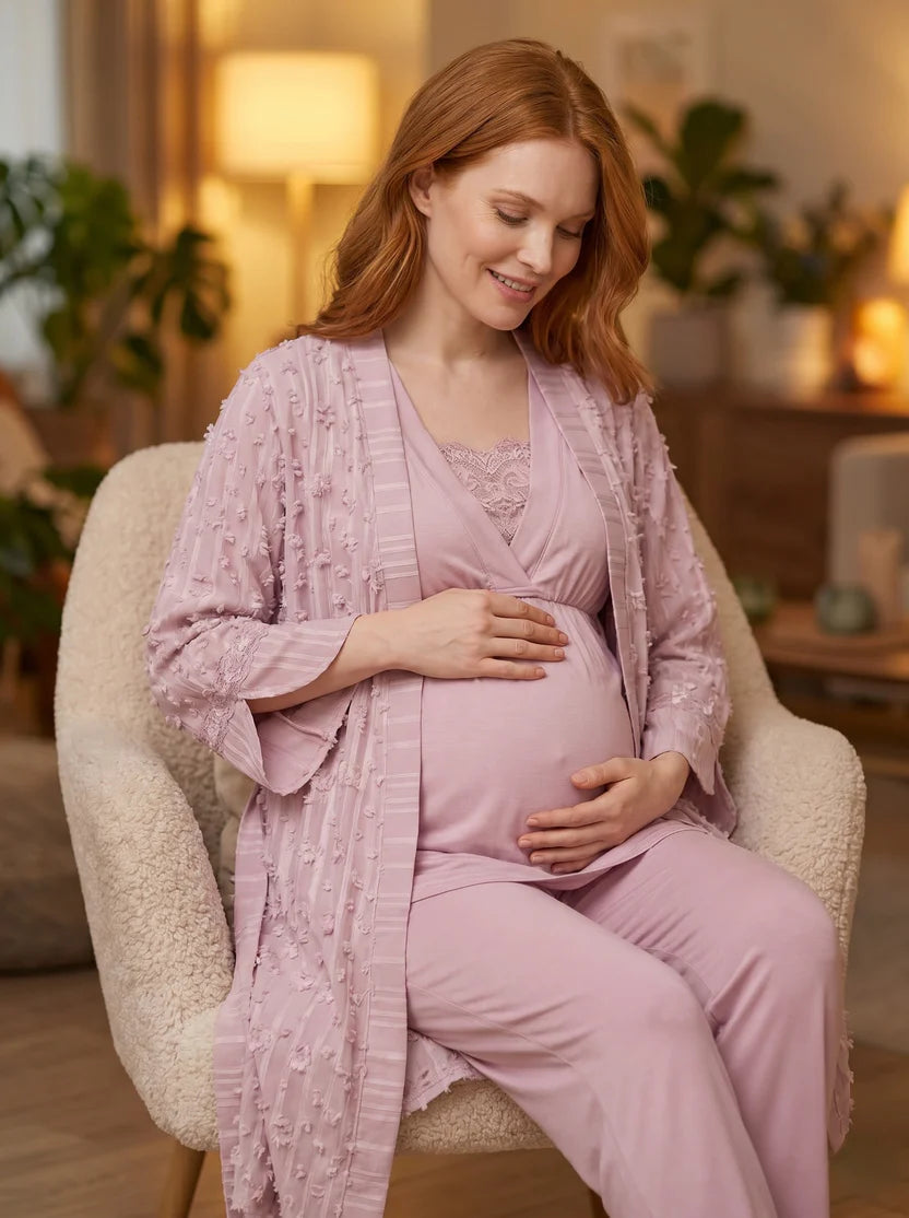 Gül Kurusu Kruvaze Yaka Dokuma Sabahlıklı Lohusa Pijama Takımı-6209