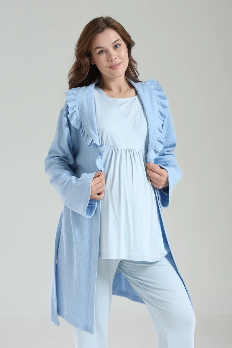 Bebe Yaka Uzun Kollu Sabahlıklı Kruvaze Lohusa Pijama Takımı-1039