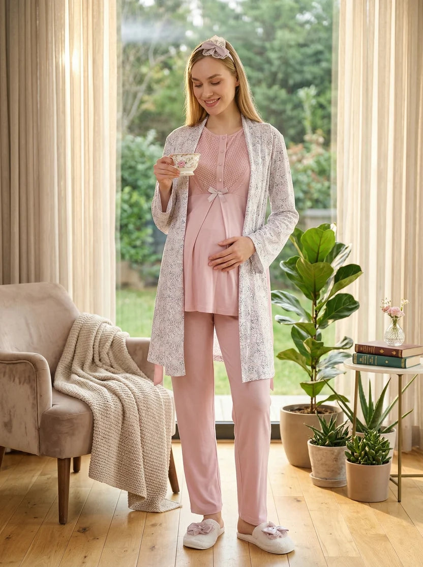 Pudra Kısa Kollu Emzirme Özellikli Desenli Sabahlıklı Lohusa Pijama Takımı-3473