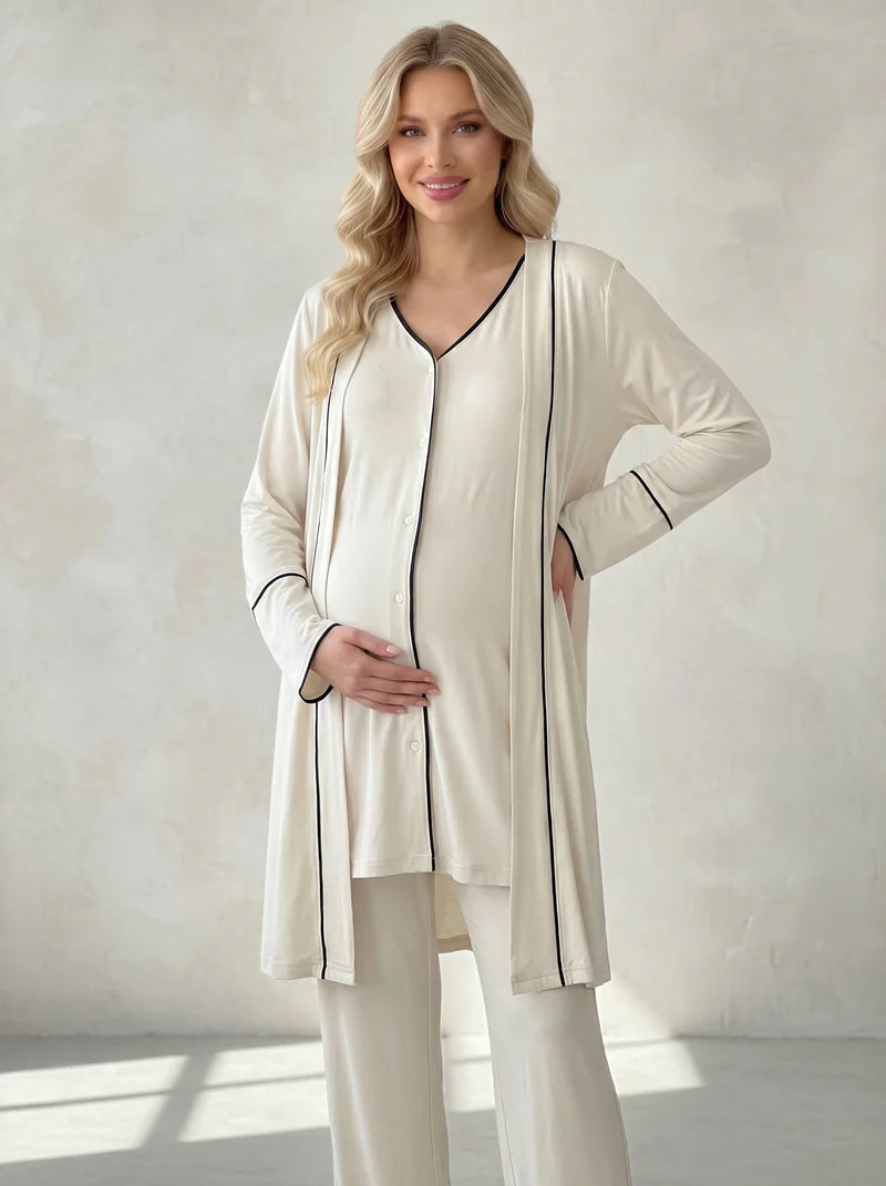 Kısa Kollu Önden Düğmeli Lohusa Sabahlıklı Pijama Takım- 2035
