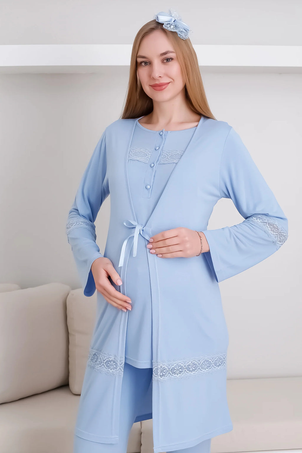 Mavi Kısa Kollu Emzirme Özellikli Sabahlıklı Lohusa Pijama Takımı-3439