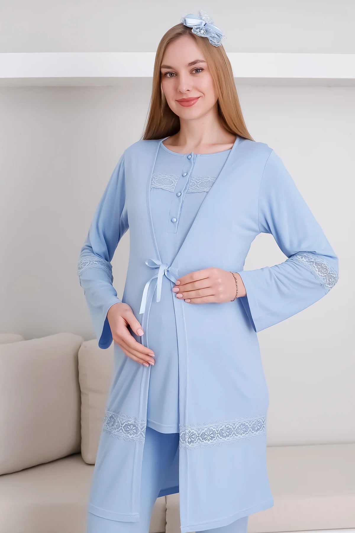 Mavi Kısa Kollu Emzirme Özellikli Sabahlıklı Lohusa Pijama Takımı-3439