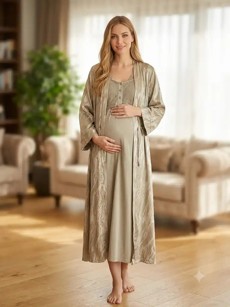 Yeşil Uzun Kollu Dantel Detaylı Emzirme Özellikli Saten Sabahlıklı Lohusa Pijama Takımı-6318