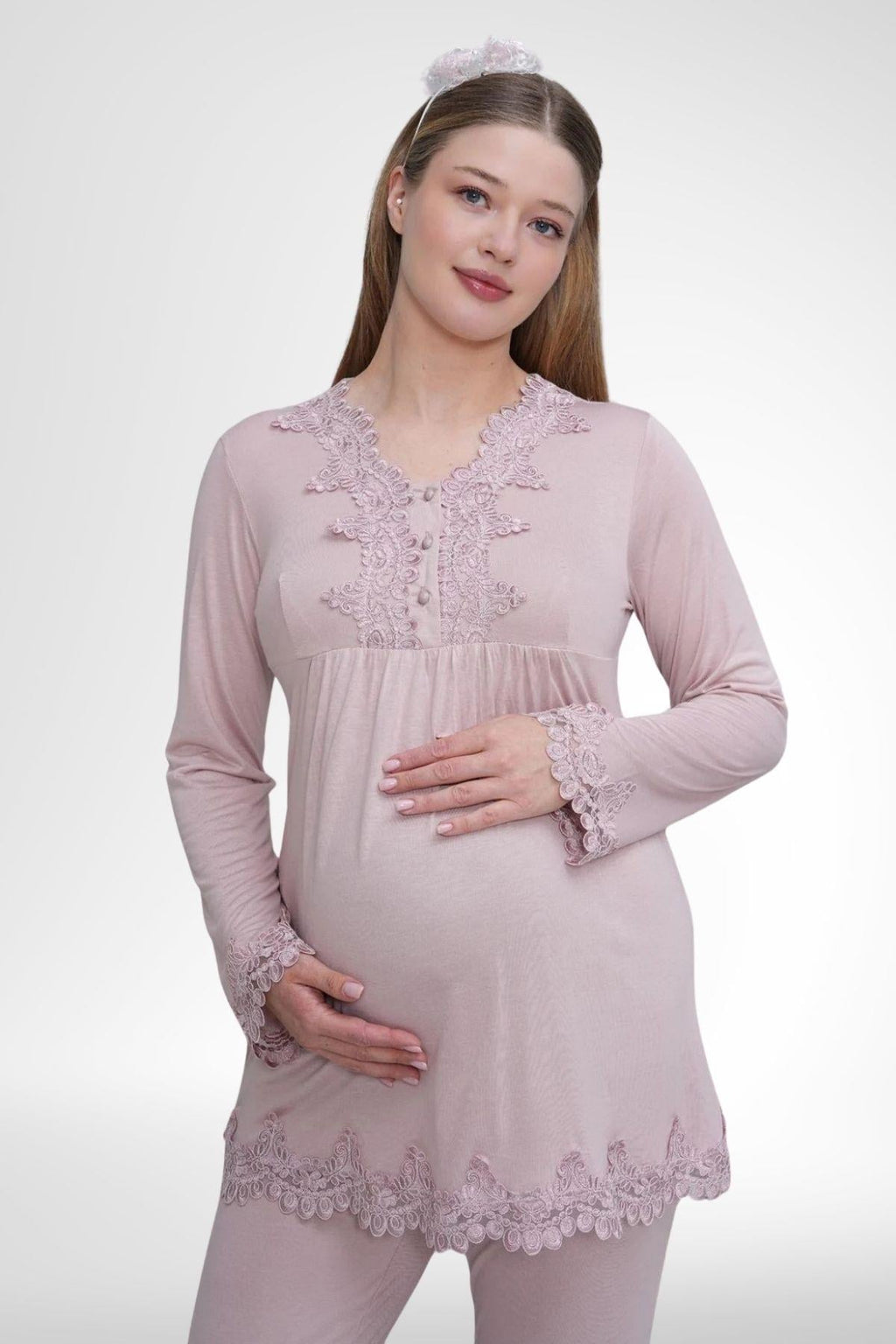 Gül Kurusu Uzun Kollu Güpür Detaylı Emzirme Özellikli Lohusa Pijama Takımı-1501