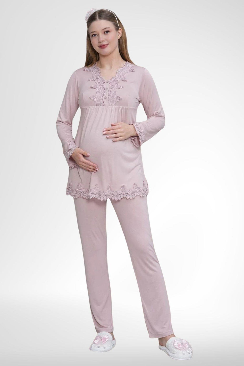 Gül Kurusu Uzun Kollu Güpür Detaylı Emzirme Özellikli Lohusa Pijama Takımı-1501