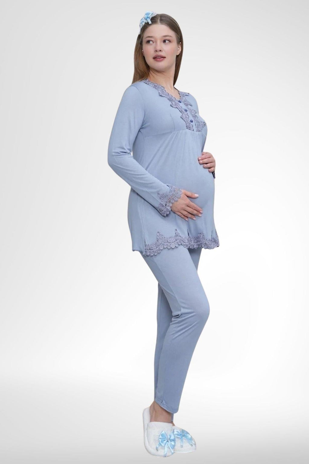 Mavi Uzun Kollu Güpür Detaylı Emzirme Özellikli Lohusa Pijama Takımı-1501