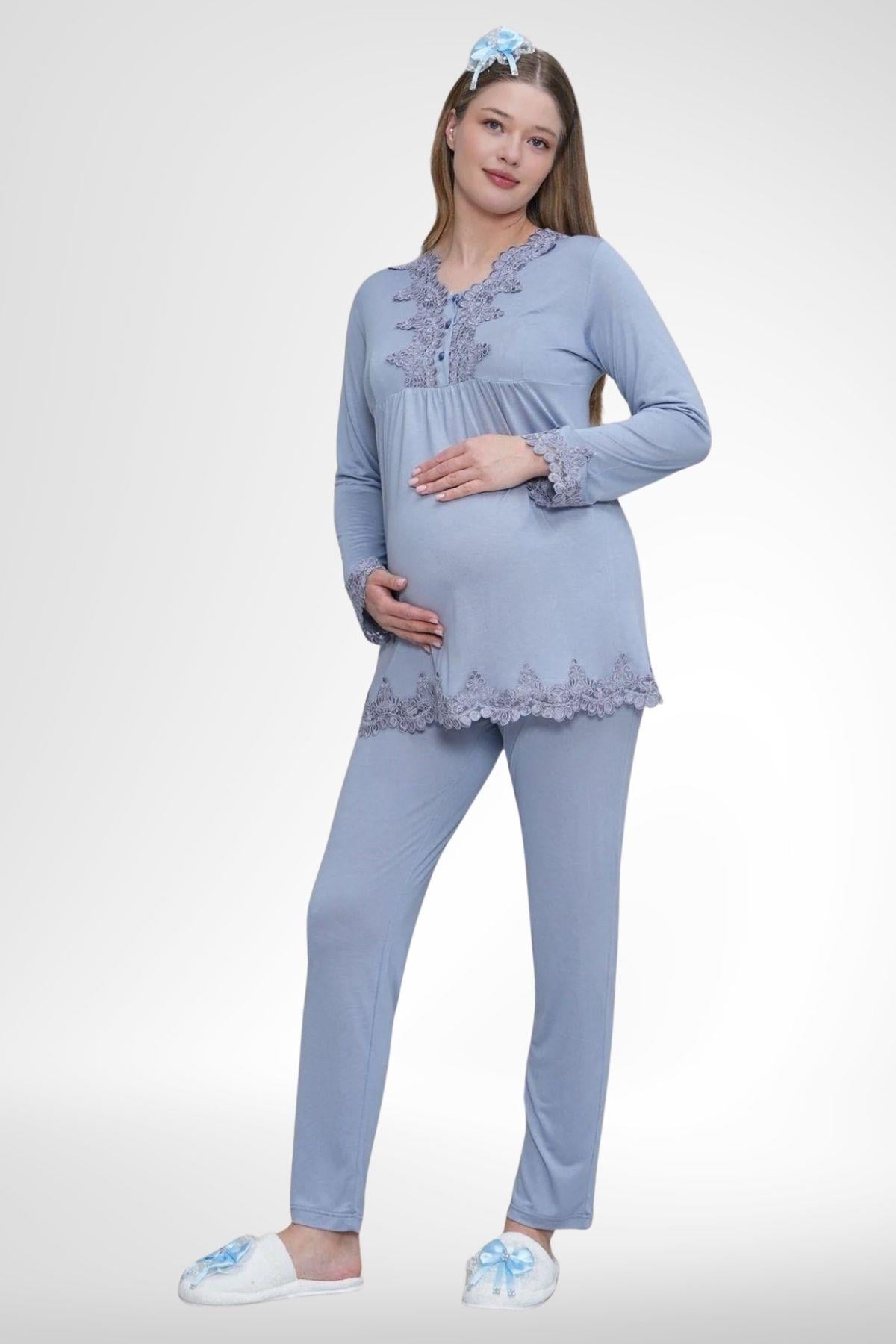 Mavi Uzun Kollu Güpür Detaylı Emzirme Özellikli Lohusa Pijama Takımı-1501