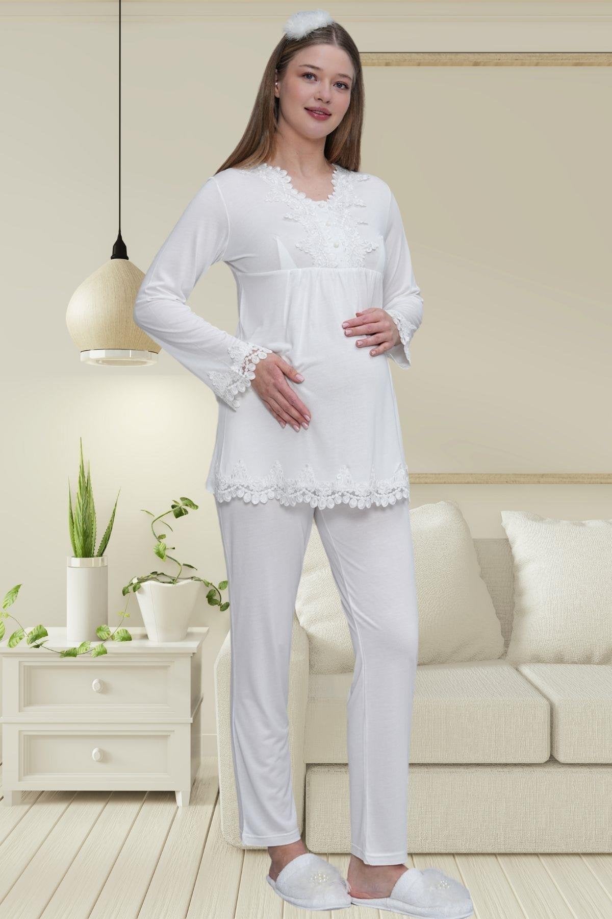 Ekru Uzun Kollu Dantel Detaylı Emzirme Kolaylıklı V Yaka Lohusa Sabahlık Gecelik Pijama Takımı 4'lü Lohusa Seti-1519