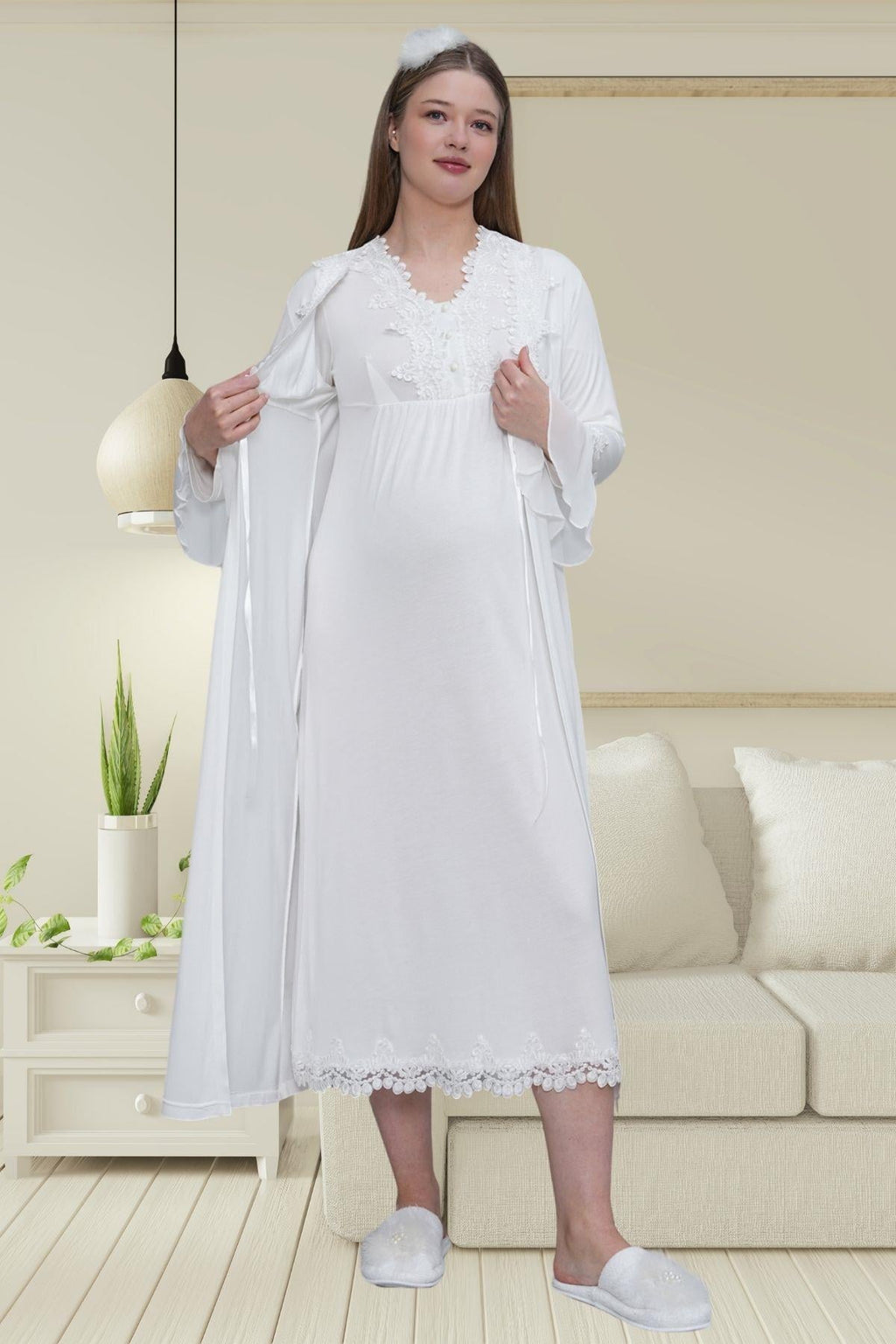 Ekru Uzun Kollu Dantel Detaylı Emzirme Kolaylıklı V Yaka Lohusa Sabahlık Gecelik Pijama Takımı 4'lü Lohusa Seti-1519