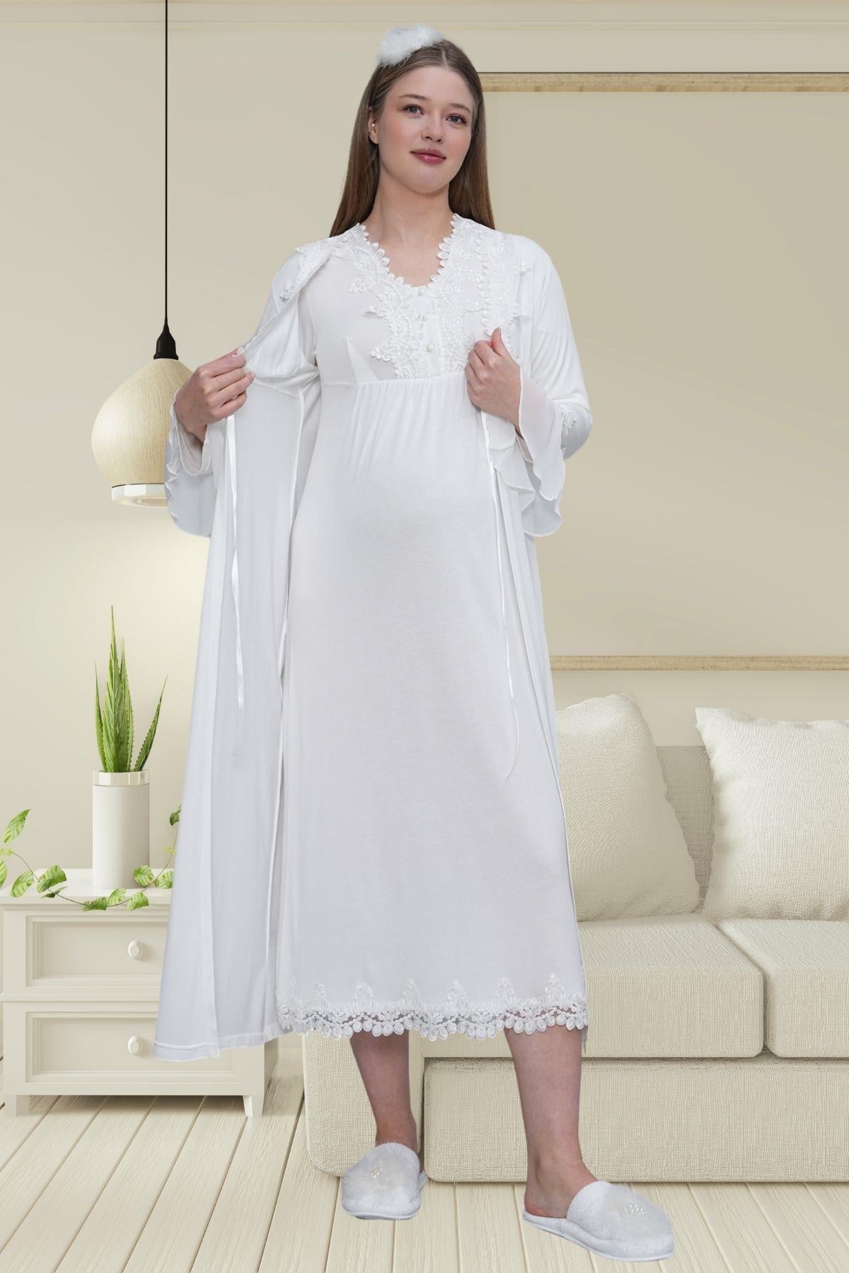 Ekru Uzun Kollu Dantel Detaylı Emzirme Kolaylıklı V Yaka Lohusa Sabahlık Gecelik Pijama Takımı 4'lü Lohusa Seti-1519