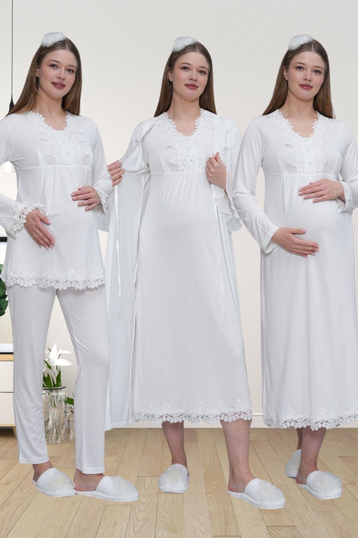 Ekru Uzun Kollu Dantel Detaylı Emzirme Kolaylıklı V Yaka Lohusa Sabahlık Gecelik Pijama Takımı 4'lü Lohusa Seti-1519