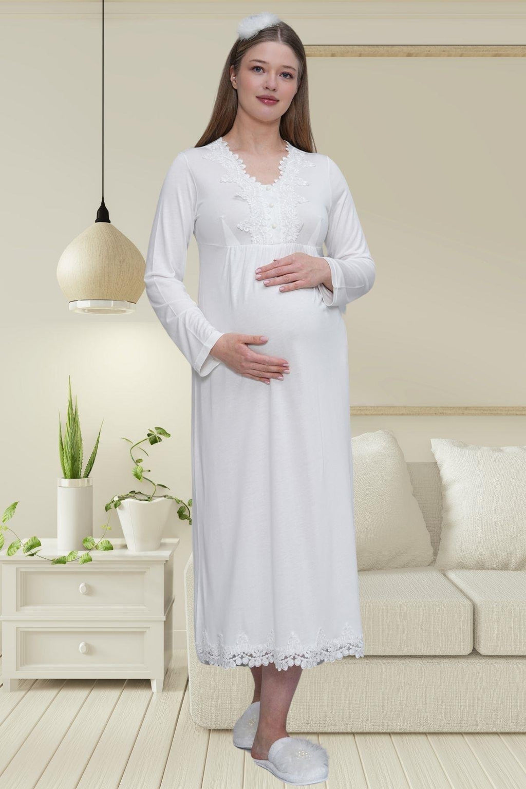 Ekru Uzun Kollu Dantel Detaylı Emzirme Kolaylıklı V Yaka Lohusa Sabahlık Gecelik Pijama Takımı 4'lü Lohusa Seti-1519