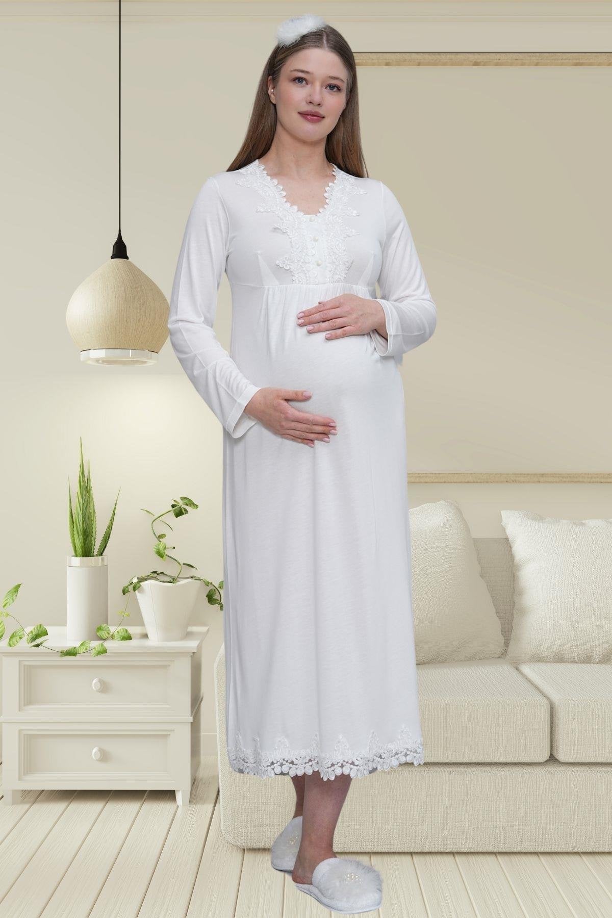 Ekru Uzun Kollu Dantel Detaylı Emzirme Kolaylıklı V Yaka Lohusa Sabahlık Gecelik Pijama Takımı 4'lü Lohusa Seti-1519