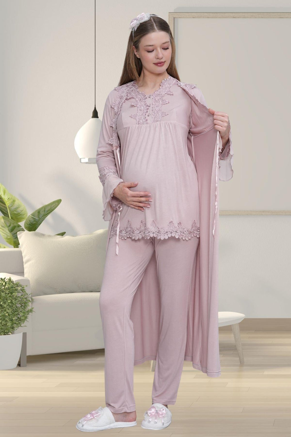 Gül Kurusu Uzun Kollu Dantel Detaylı Emzirme Kolaylıklı V Yaka Lohusa Sabahlık Gecelik Pijama Takımı 4'lü Lohusa Seti-1519