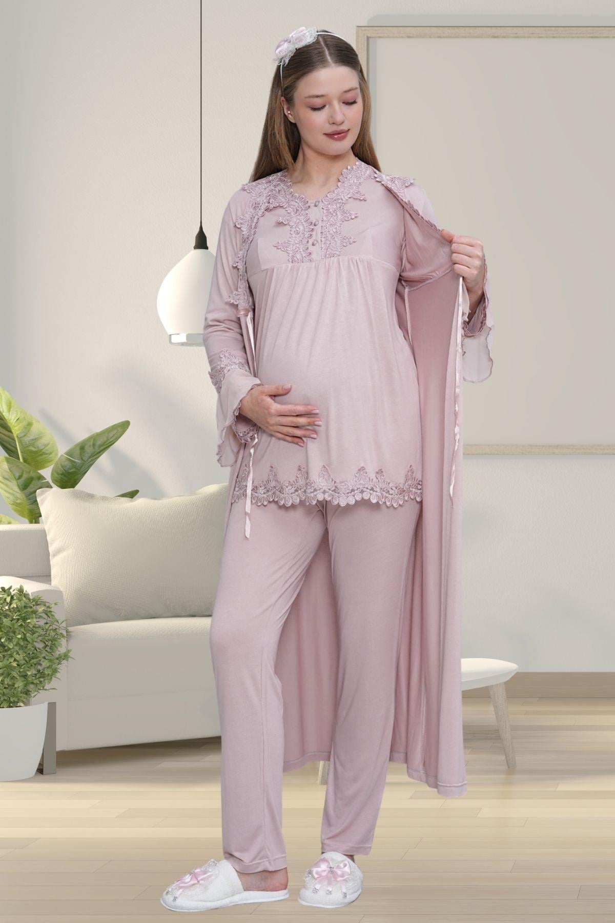 Gül Kurusu Uzun Kollu Dantel Detaylı Emzirme Kolaylıklı V Yaka Lohusa Sabahlık Gecelik Pijama Takımı 4'lü Lohusa Seti-1519