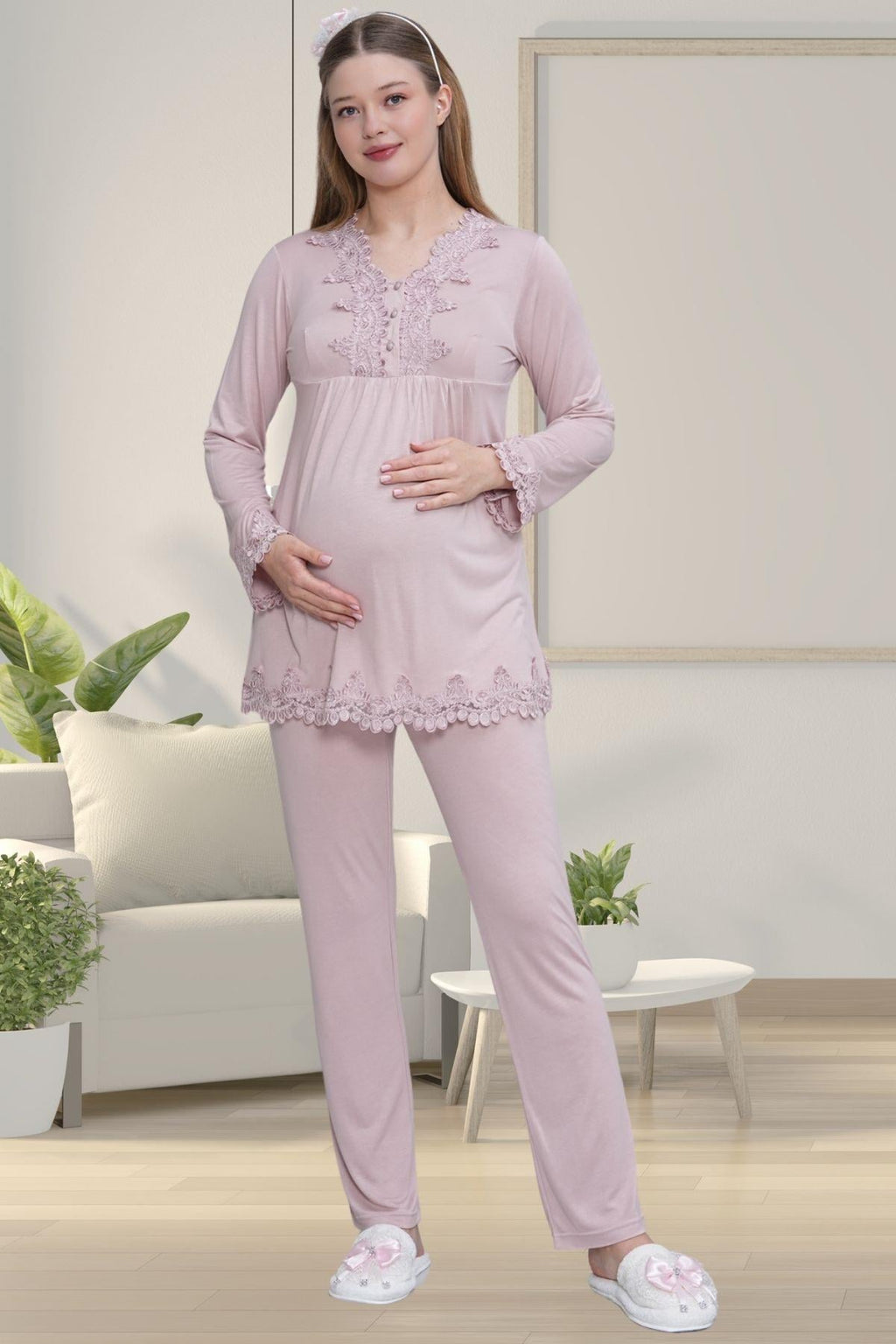 Gül Kurusu Uzun Kollu Dantel Detaylı Emzirme Kolaylıklı V Yaka Lohusa Sabahlık Gecelik Pijama Takımı 4'lü Lohusa Seti-1519